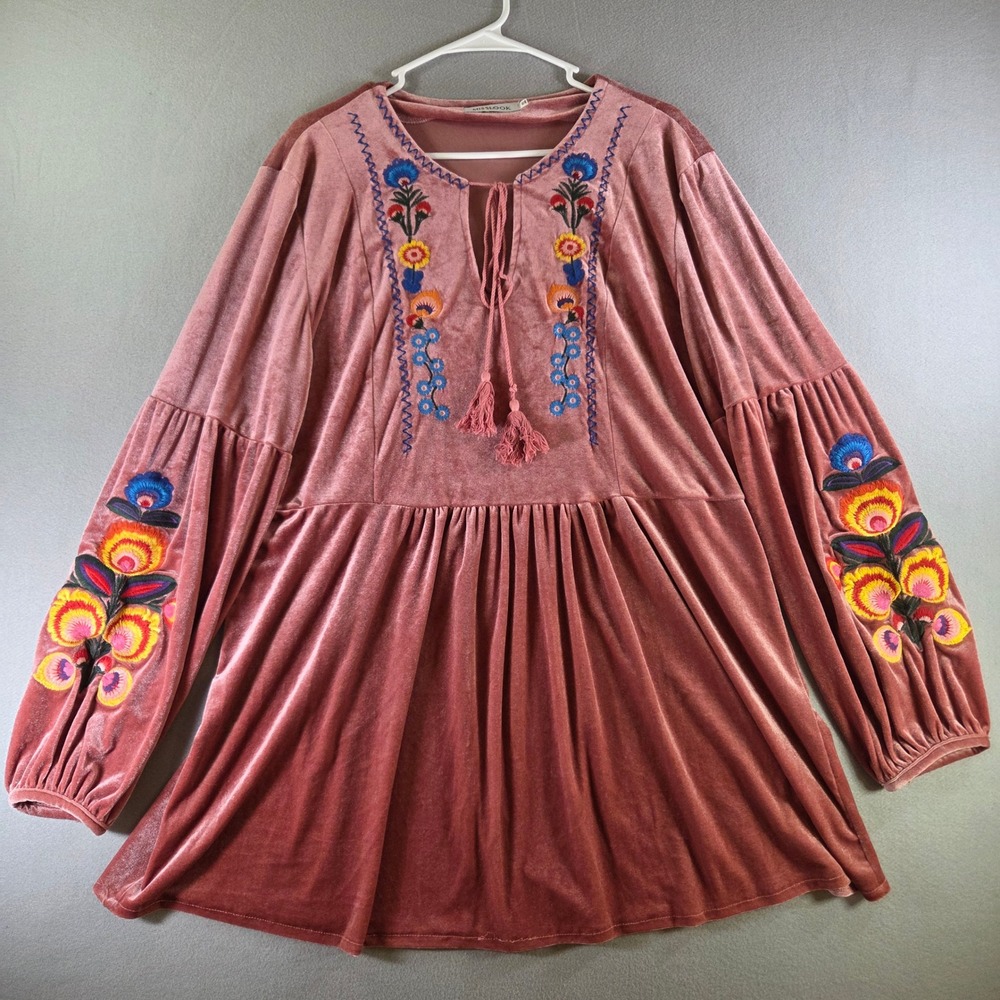 Misslook Pink Velvet Embroidered Peasant Top Babydoll Tassel 3XL Boho Renfaire